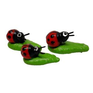Handmade Lady Bug Family on Floating Leaves Miniature Clay Figurines Set of 3